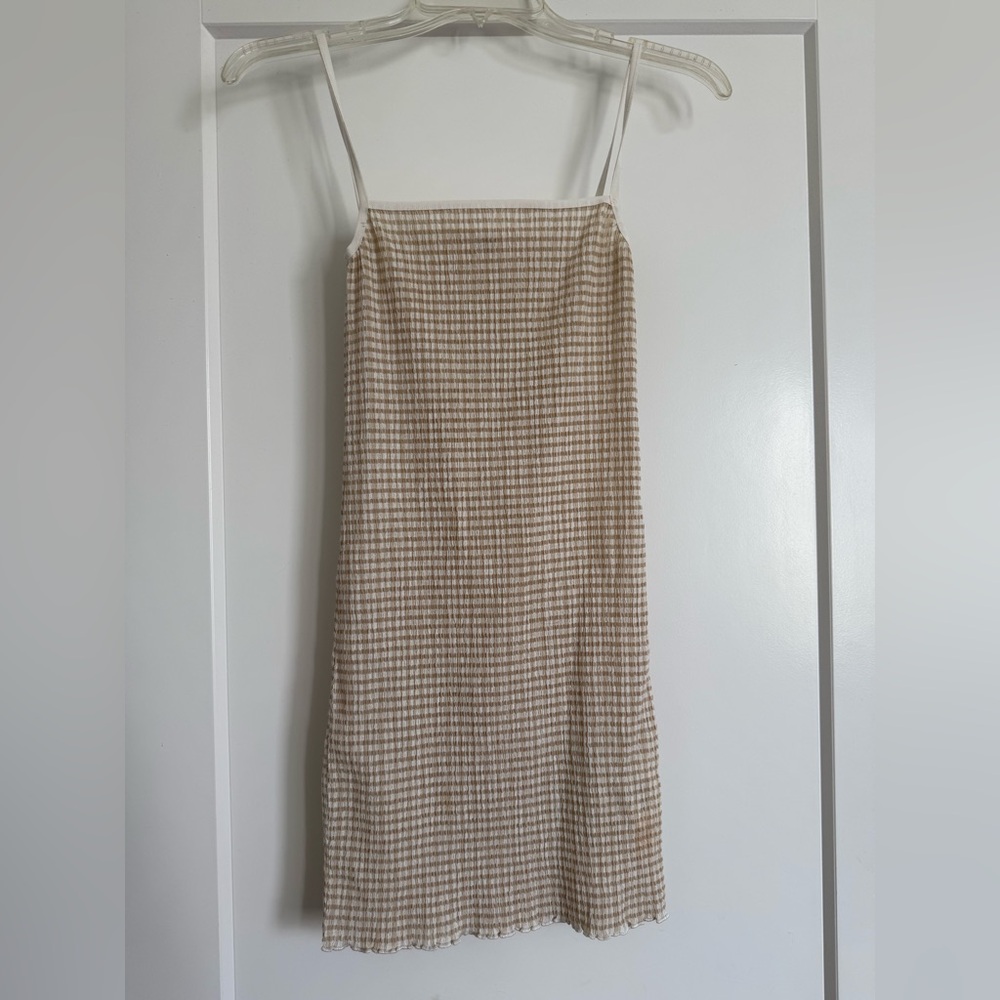 Wilfred Aritzia Beige and white gingham mini dresss